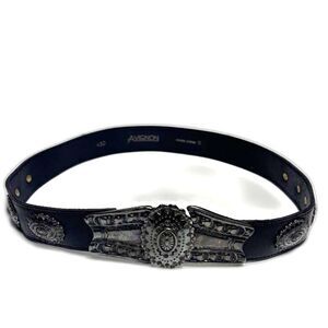Avignon belt VTG Black Leather Metal Western Buckle Sz Medium Boho Southwestern
